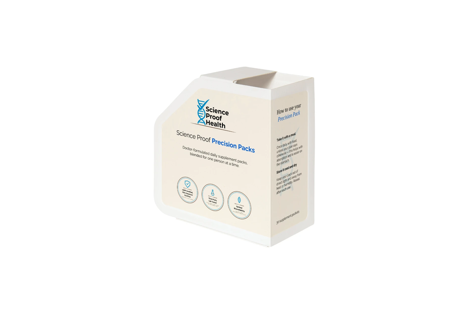 Science Proof Precision Pack dispenser box, front of packaging with quality seals