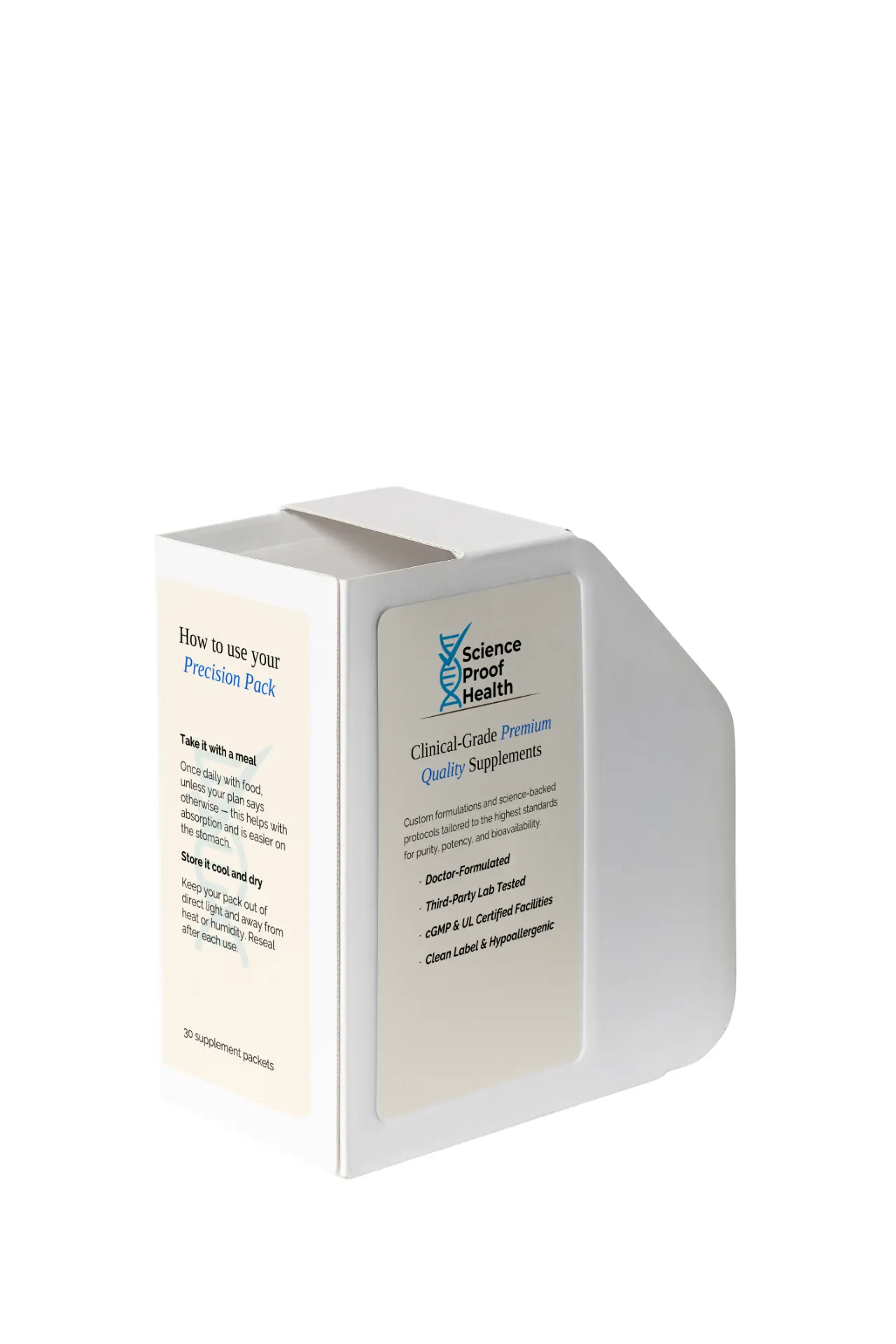 Science Proof Precision Pack dispenser box, back panel with usage instructions