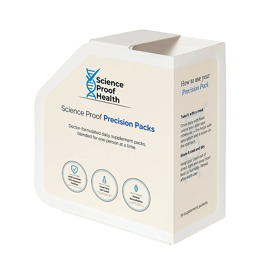 Science Proof Precision Pack dispenser box, front of packaging with quality seals