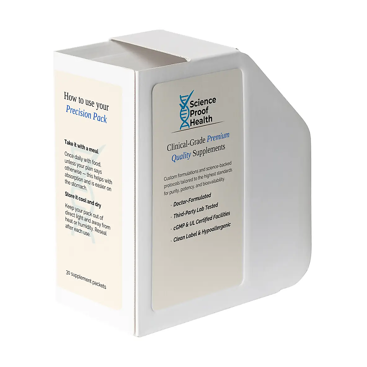 Science Proof Precision Pack dispenser box, back panel with usage instructions